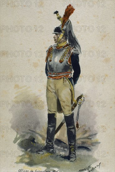 Napoleonic Wars. Cuirassier. French Army. Heavy cavalry. Engraving. 1806.