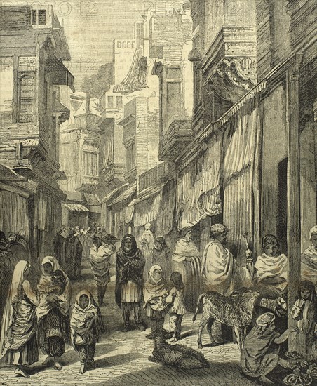 India. Varanasi. Street of the city. Daily life. Engraving.