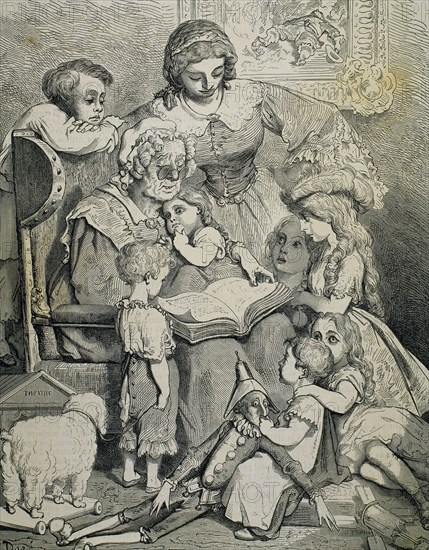 Family reading tales of Charles Perrault. Engraving.