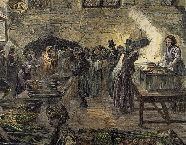 Lancashire Cotton Famine (1861-65). Soup kitchen. Engraving. Colored.
