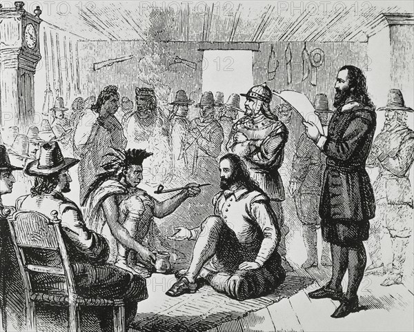 Massasoit smoking a ceremonial pipe with John Carver.