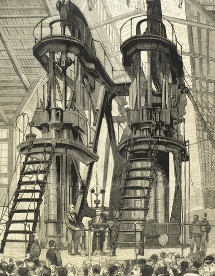 Ulysses S. Grant and Pedro II of Brazil switch on the Corliss Centennial Engine.