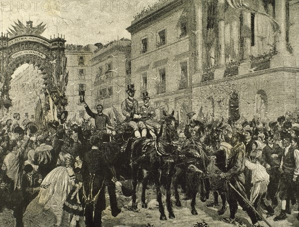 Juan Prim y Prats. Amazing reception after the Hispano-Moroccan War with a triumphal arch in the Saint James square on September 8, 1860.