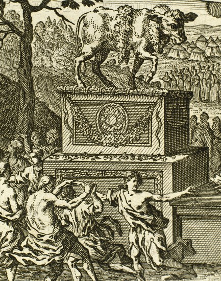 The Adoration of the Golden calf. Engraving.