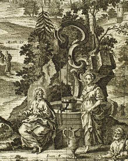 Samaritan woman at the well. Engraving.