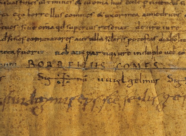 Barter between count Borrell and D'Urgell Sal.la bishop. Parchment. 988. Detail signatures. Spain.