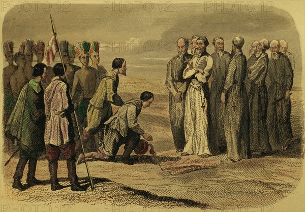 Francisco Fray Martin de Valencia received by Hernan Cortes.