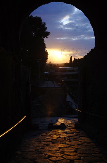 Pompeii. Sunset on a cobbled street.