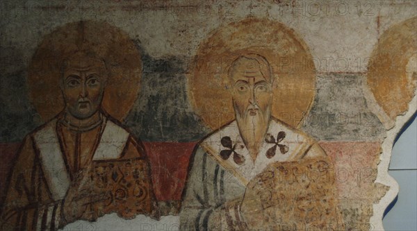 Fragment of fresco with decoratotion in three horizontal bads.