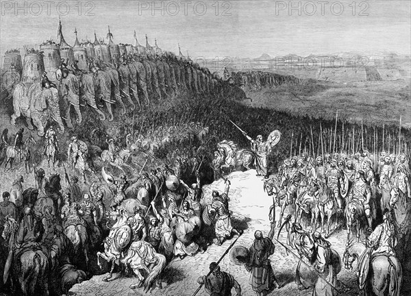 Bible. Old Testament. Judas Maccabeus before the army of Nicamor. Engraving.