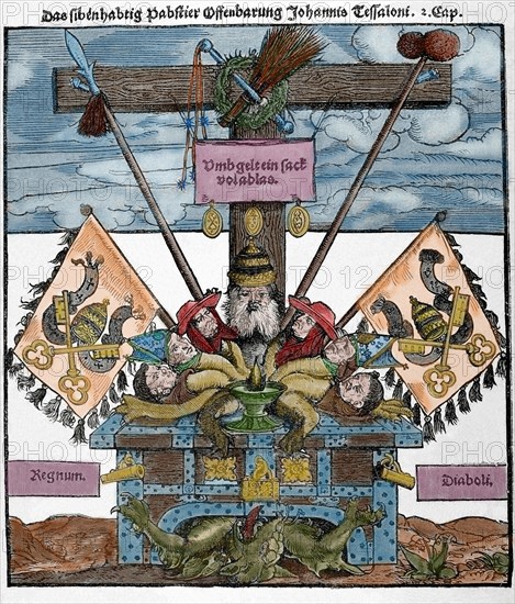 Protestant Reformation. Germany. Satire against the sale of indulgences. 16th century. Colored.