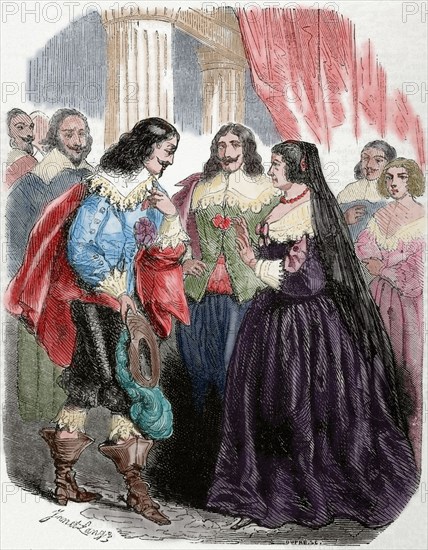 Interview between the king Louis XIII of France (1601-1643) and his mother Marie de'Medici. Colored engraving.