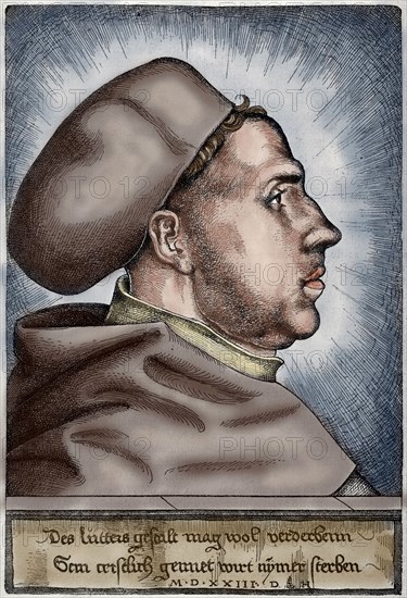 Martin Luther, (1483-1546). German reformer. Portrait. Engraving. Colored.