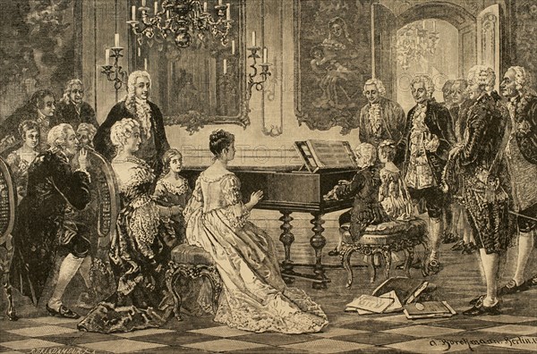 Maria Anna (Nannerl) and Wolfgang Amadeus playing before the Empress Maria Theresa (1717-1780) . Vienna, 1762. Engraving .