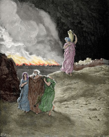 Lot. Book of Genesis, Bible. Episode of destrucction of Sodom and Gomorrah. Lot flees from Sodom. Engraving. Colored.