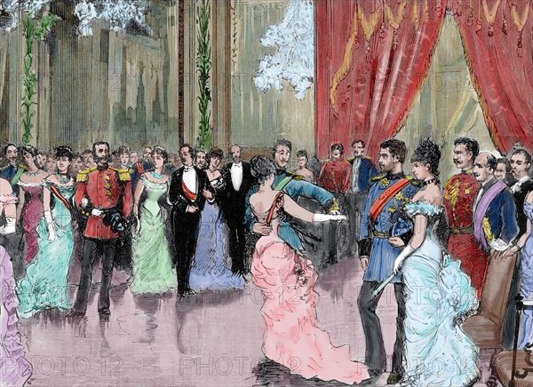 Prince Ludwig Ferdinand of Bavaria (1859-1949) and Infanta Maria da Paz of Spain (1862-1946). Dance in honor of the newlyweds. Engraving. Colored.