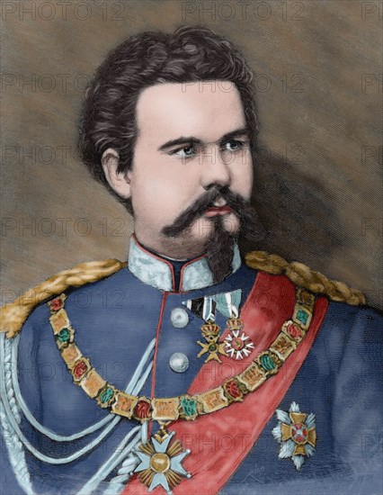 Ludwig II of Bavaria (1845-1886). King of Bavaria from 1864 until his death. Engraving, 1885. Colored.