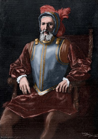 Miguel Lopez de Legazpi (1503-1572). Engraving. Colored.