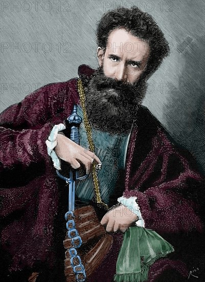 Hans Makart (1840 - 1884). Austrian academic history painter, designer, and decorator, Colored engraving.