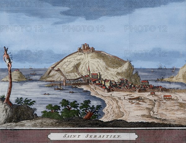 Spain. San Sebastian or Donostia. Santa Clara Island. Map. Late 16th century - 17th century. Engraving. Colored.