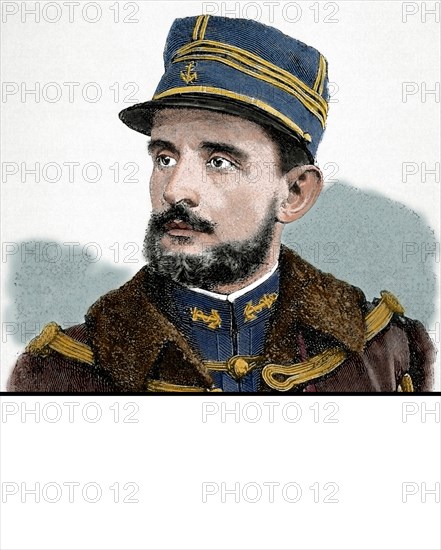 General Jean-Baptiste Marchand (1863 - 1934) French military officer and explorer in Africa. Engraving. Colored.