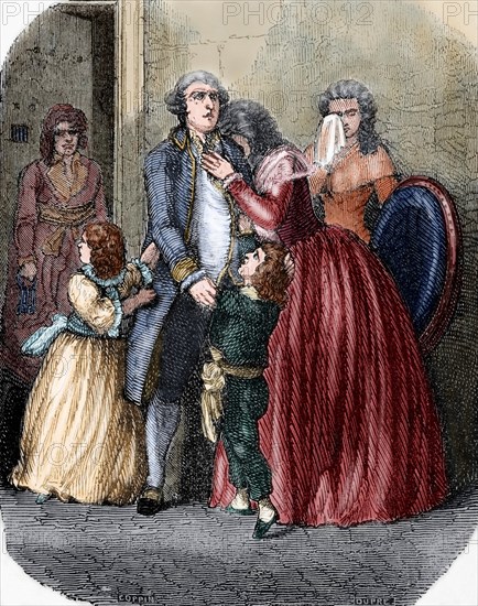 Louis XVI (1754-1793) taking leave of his family. Engraving. Colored.
