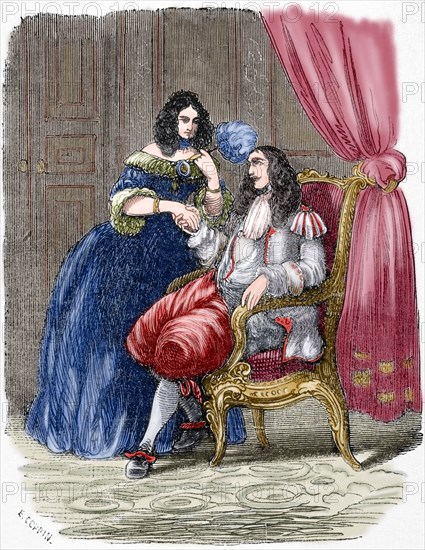 Louis XIV and his mistress Madame of Montespan (1640-1707). Engraving. Colored.