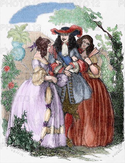 The young king strolling with the Mancini sisters, nieces of Cardinal Mazarin. Engraving. Colored.