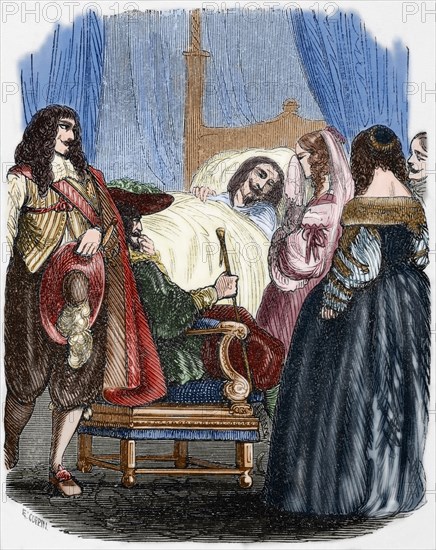 Death of Louis XIII (1601-1643). Engraving. Colored.