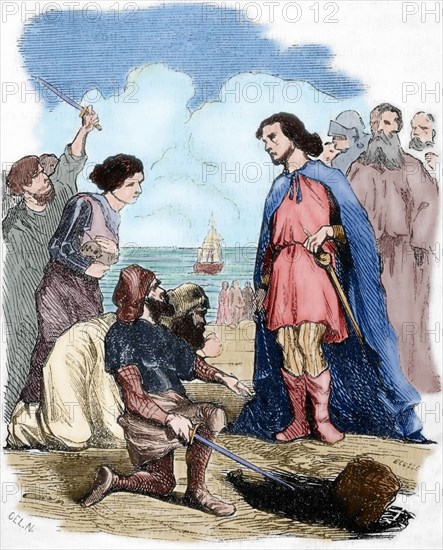 Arrival of Louis IV of France (920-954) at England. Engraving. Colored.