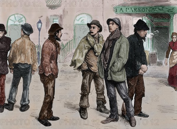 London. Unemployed workers who participated in the meeting and raide stores Picadilly, 1886. Engraving. Colored.