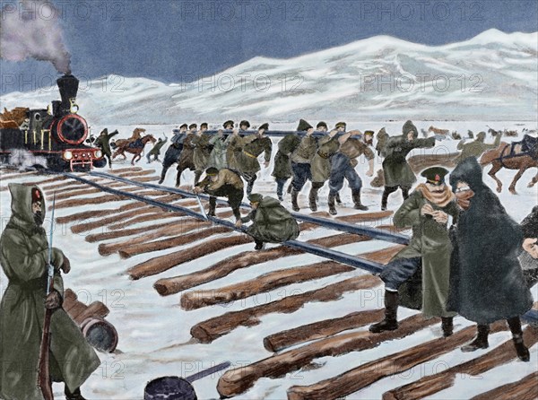Russo-Japanese War (1904-1905). Construction of a railroad across the ice on Lake Baikal. Colored engraving.
