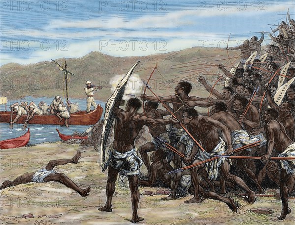 Africa. Explorers confronting with natives of Bumbireh Island. Engraving. Colored.