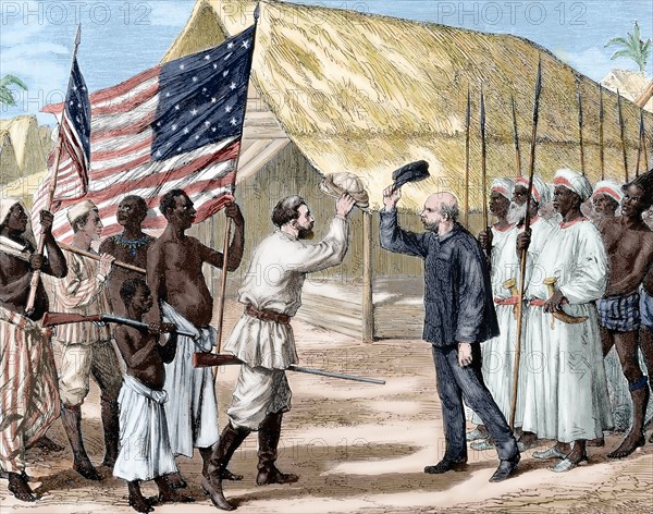 Meeting between Henry Morton Stanley and David Livingstone in Ujiji. Colored engraving.