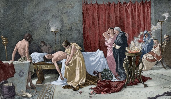 Death of Lucan (39-65 AD). Engraving. Colored.