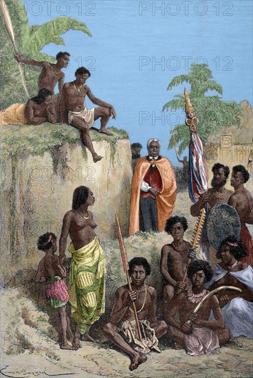 King Kamehameha I (1758-1819) and his warriors. Engraving, 1880. Colored.