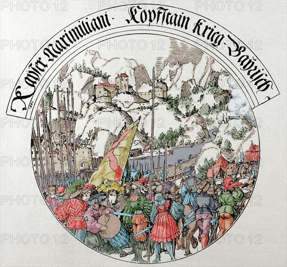 War of the Succession of Landshut (1503-1505). Siege of Kufstein (1505). Engraving. Colored.