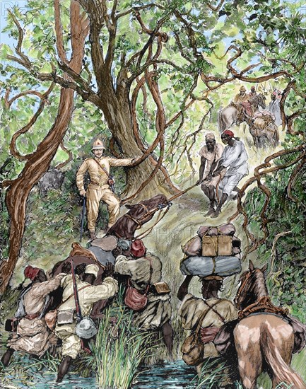 French expedition opens way into the Nieniya mountains, Sudan, 1893. Engraving. Colored.