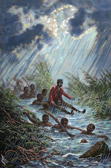 David Livingstone (1813-1873) through a swamp with a porter during his expedition to Africa in 1872. Engraving. Colored.