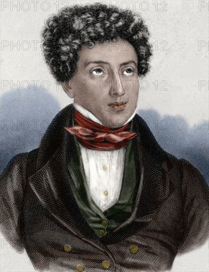 Alexandre Dumas (1802-1870). French writer. Engraving. Colored.