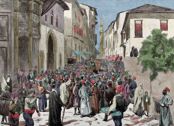 Mahmud Nedim Pasha (1818-1883). Ottoman statesman. Protests in the streets of Istanbul against Minister. Engraving. Colored.