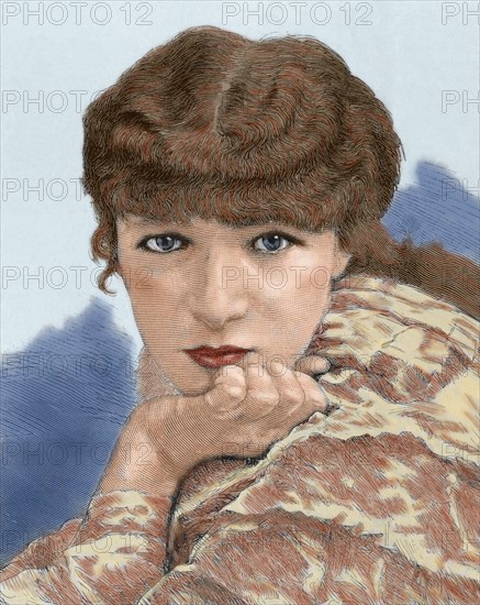 Sarah Bernhardt (1844-1923). French actress. Portrait. Engraving. Colored.