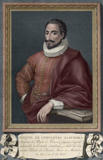 Miguel de Cervantes (1547-1616). Colored engraving.