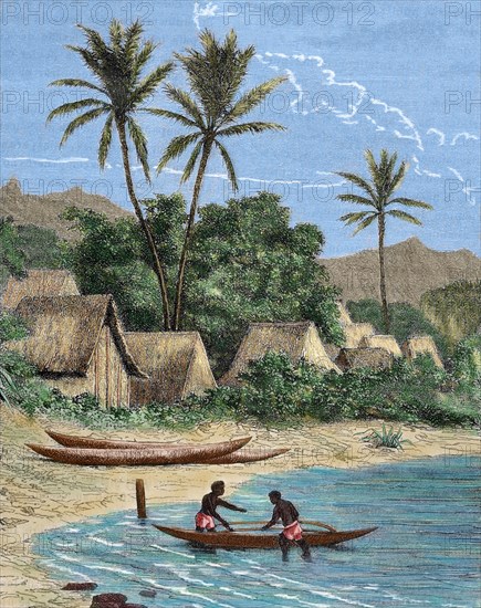 Island of Madagascar. Tamatave. Engraving. Colored.