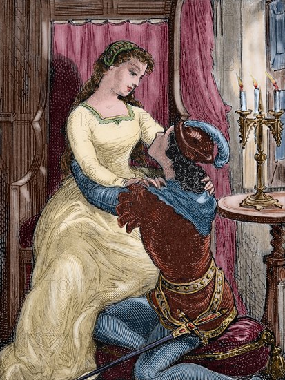 William Shakespeare (1564-1616). English writer. Romeo and Juliet. Engraving. Colored.