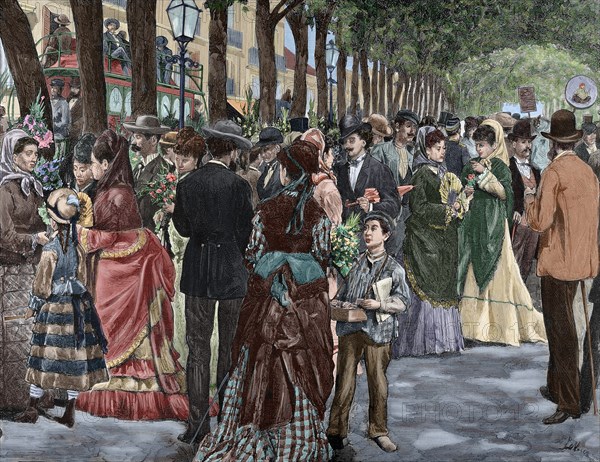 Spain. Barcelona. La Rambla de las Flores (Rambla of the Flowers). Engraving. Colored.