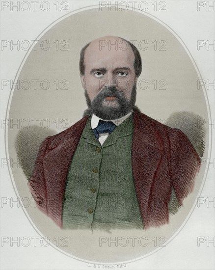 Paul Feval (1816-1887). French novelist and dramatist. Engraving by Llanta. Colored.