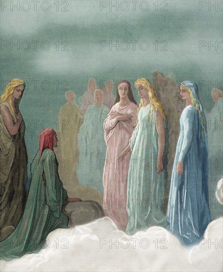 Divine Comedy by Dante Alighieri. 14th C. Engraving by Gustave Dore. Paradiso, Canto III. 1868. Colored.