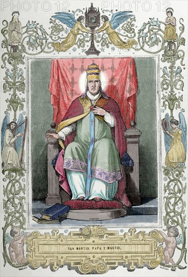 Pope Martin I (d. 655). Engraving by Cibera. Ano Cristiano, 1853. Colored.