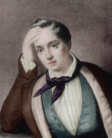 Yevgeny Baratynsky (1800-1844). Russian poet. Portrait. Engraving. Colored.